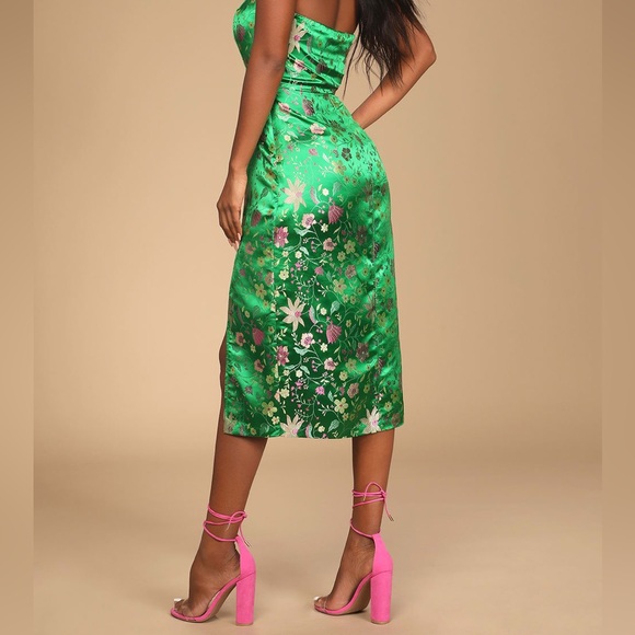 Lulus Make a Move Green Satin Floral Jacquard Strapless
Midi Dress - Picture 2 of 8